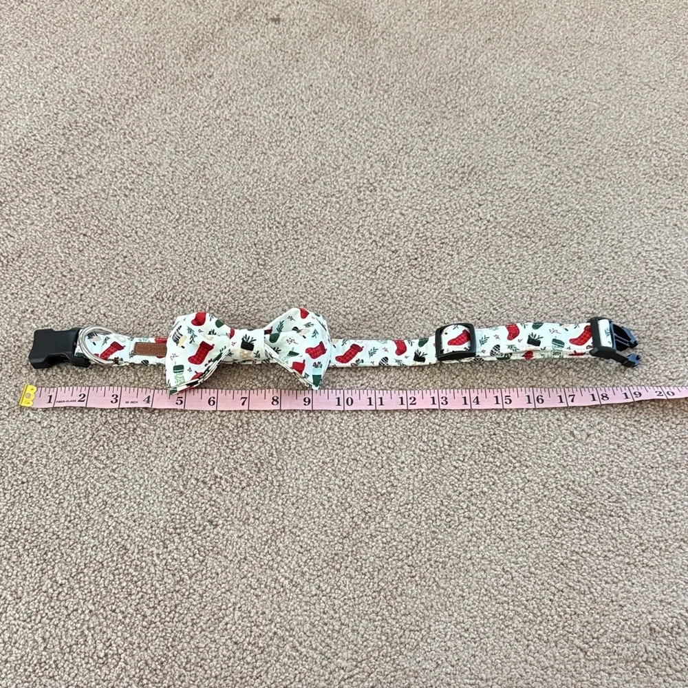Holiday Cream Bow Tie Dog Collar with Red & Green Stocking Print